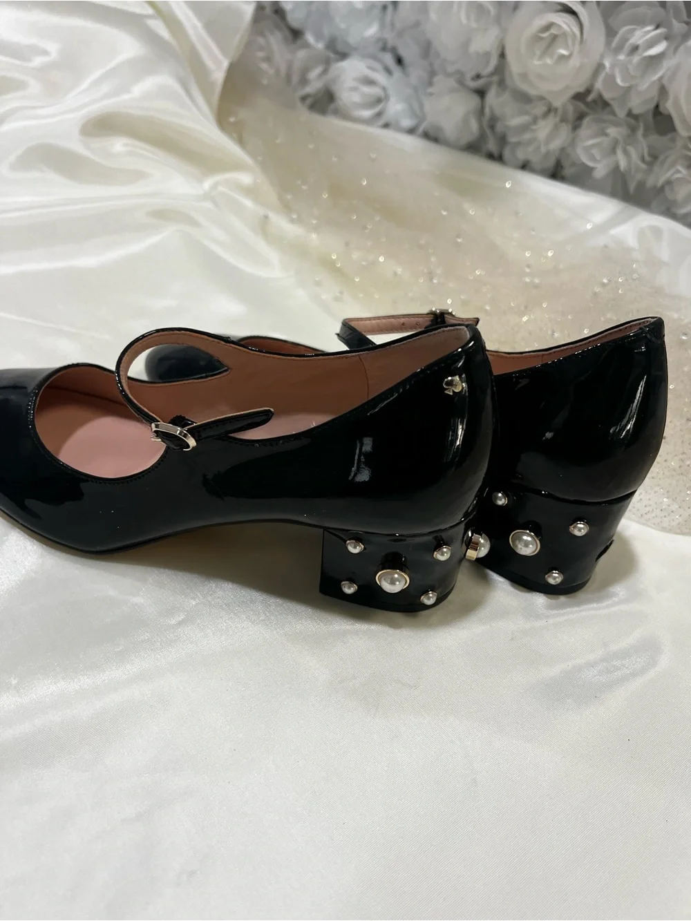 kate spade Black Patent Leather Mary Jane Heeled shoes with Pearl Studs